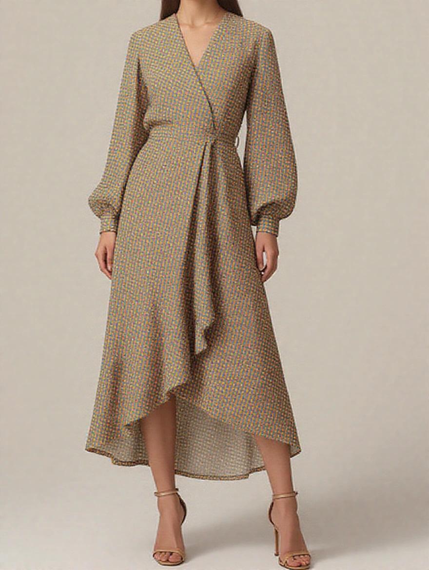 A model wearing a stylish beige dress with a wrap style and puff sleeves. The dress falls to an asymmetrical hemline. The model stands confidently on the floor wearing high heels.