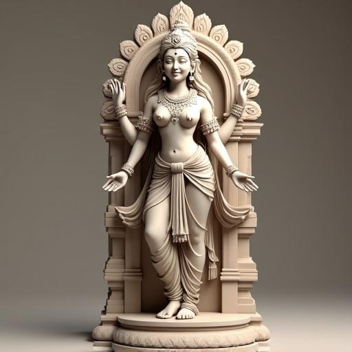 3D sculpture of a traditional Indian goddess standing gracefully. Goddess has a joyful serene expression. She wears an ornate crown with floral designs. Adorned with layered beaded necklaces. Large round earrings and arm bangles embellish her figure. Dressed in a wrapped dhoti-style garment with dynamic folds. Includes a waist belt ornament and a fitted top. Figure shows symmetrical posture with flowing hair. The statue is placed on a temple-style stone base with a carved arch background. Rendered in a marble or sandstone texture with soft illumination.