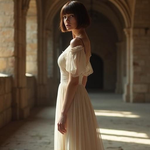 Stylish woman with a curvy figure. She wears a medieval sheer dress. The dress outlines her silhouette gracefully. Neat hairstyle adds to elegance. Softly lit stone hall features a noble backdrop. Ultra-realistic presentation with cinematic quality.