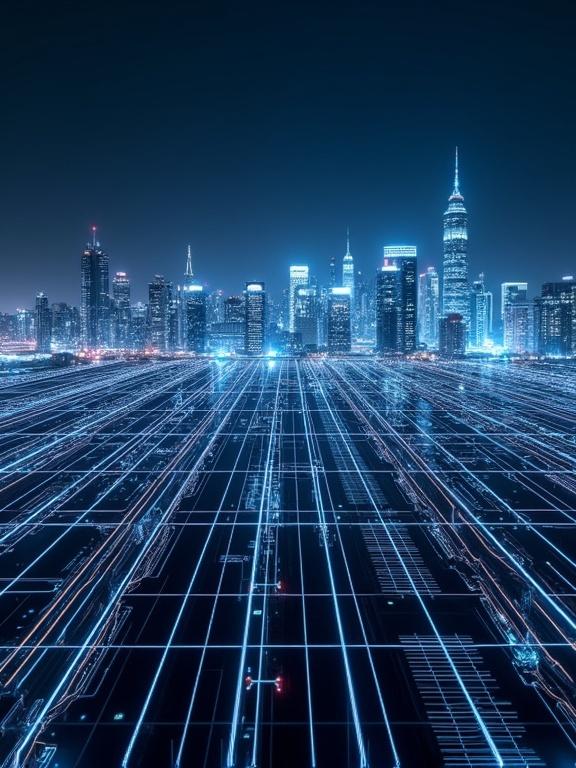 High-tech skyline featuring glowing grid lines in an architectural wireframe style with a futuristic urban landscape at night.