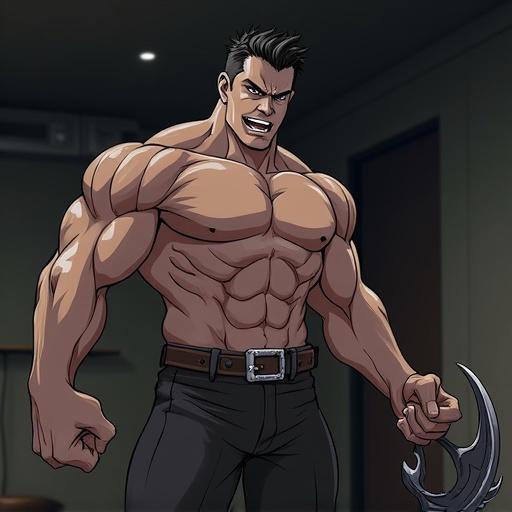 A muscular man stands in a dark indoor setting. He holds a claw-like weapon in his hand. The image features an anime aesthetic. The perspective is a close-up shot. The man has a fierce expression and displays a strong physique.