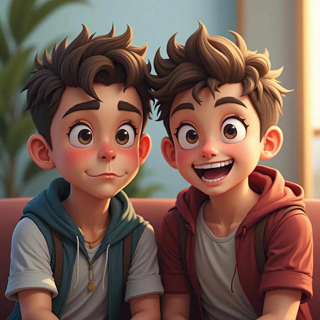 Two cute boys sit on a couch together. One boy tries to look serious. The other boy laughs joyfully. They pose for a selfie. Background features soft colors and natural light.