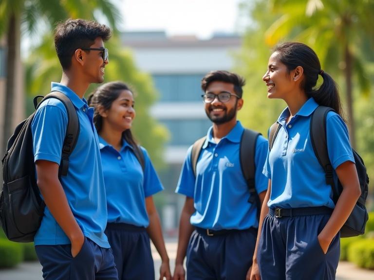 Group of teenage students enjoying campus life in Kerala. They wear matching blue school uniforms. Students chat and smile amidst modern architecture and lush greenery. Natural light creates a vibrant atmosphere.