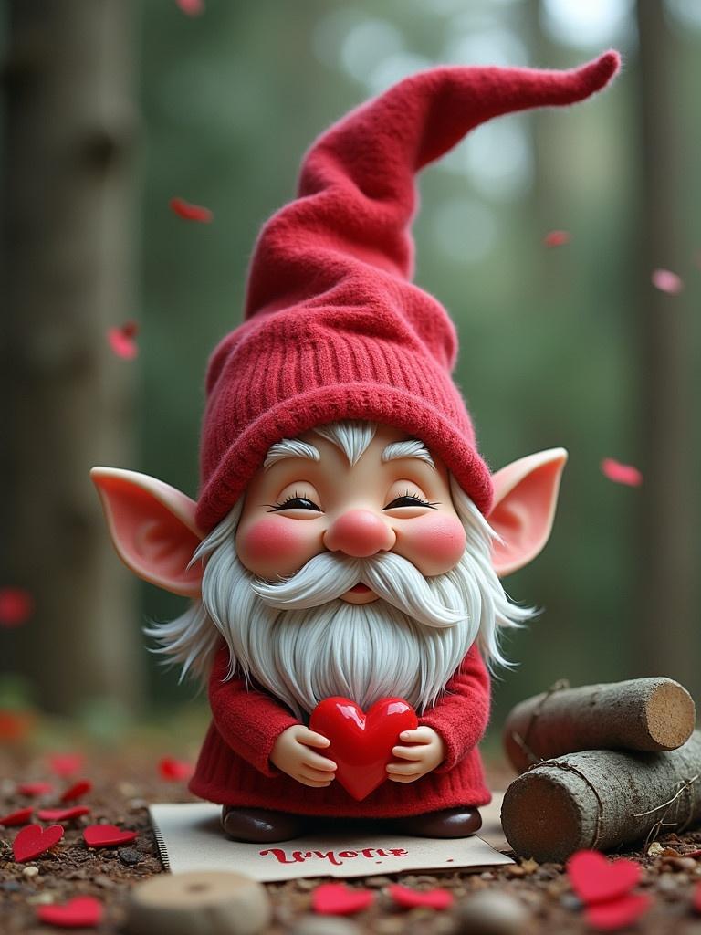 A gnome dressed in a red outfit with a pointy hat stands in a forest. The gnome holds a heart in its hands. The scene has red heart-shaped decorations scattered around. Soft natural lighting adds warmth to the setting.