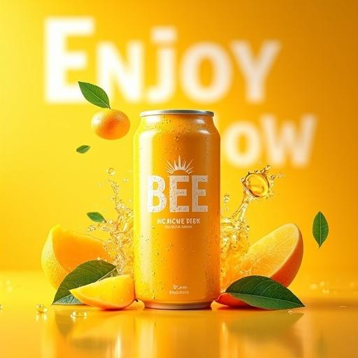 High-resolution product advertisement featuring a vertically centered can of Queen Bee flavored drink. Hyper-realistic mango juice splashes and floating mango slices and leaves are around it. Bold two-tone gradient background in vibrant yellow. Large semi-transparent text in the background says 'ENJOY.' Soft lighting, mist, and water droplets create a fresh look. Radiant, cinematic style with studio-quality lighting and depth.