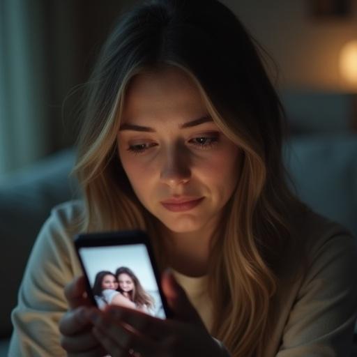 Close-up shot of a cute sad young woman sitting alone. She holds a smartphone showing a picture of her ex-boyfriend with another woman. Her eyes are teary; she looks heartbroken. Soft lighting creates an emotional mood in a cinematic style.