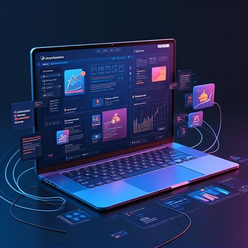 Laptop displays UI design portfolio. The screen shows social media and AI technology interfaces. Various icons and graphs are displayed. Digital environment features glow and vibrant colors. Suitable for showcasing design skills and concepts.