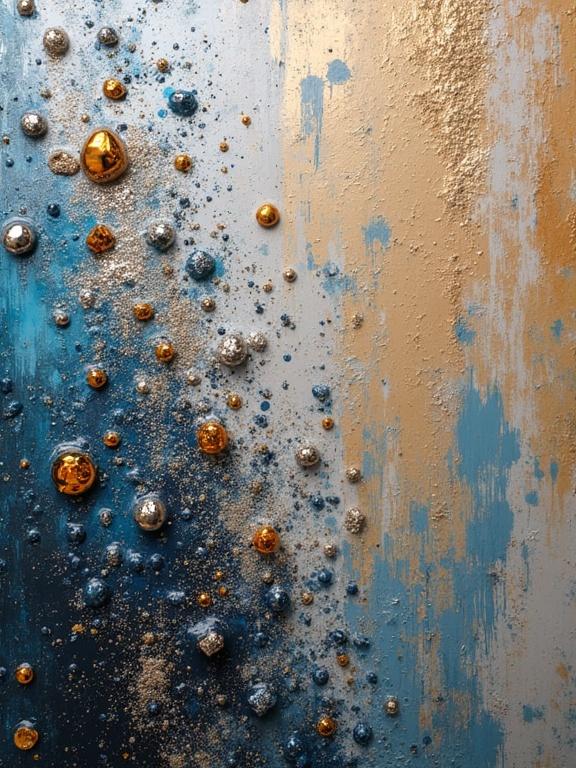 Digital art featuring textured oil splashes. Close-up of a multi-layered surface made with collaged materials like newspaper and jute fibers. Includes elements like wood, sand, glittering confetti, and origami. Displayed with scratches, drops, and tears for an artistic effect.