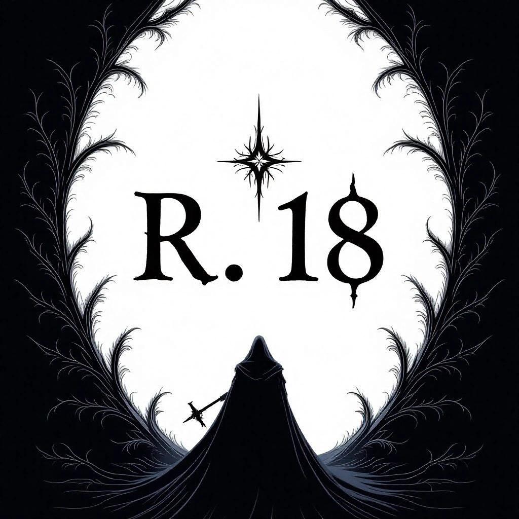 Image of an R18 content warning. Dark aesthetic. Pure white background. Bold black font. Top text R18 with no space. Bold font style. Below R18 text ADULTS ONLY. Solid black border. Symmetrical visual accents.