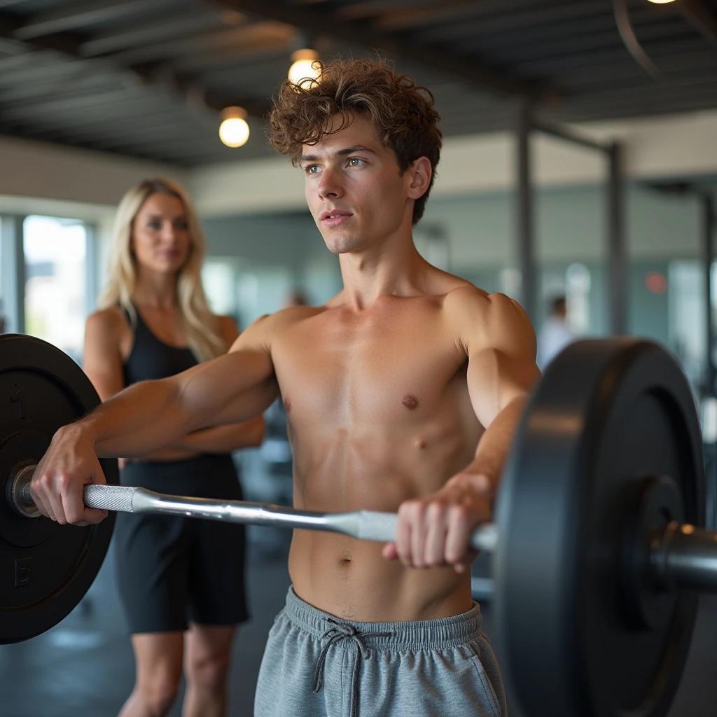 Portrait of a boy lifting weights at the gym. Wearing short sweatpants. Being spotted by a friend.