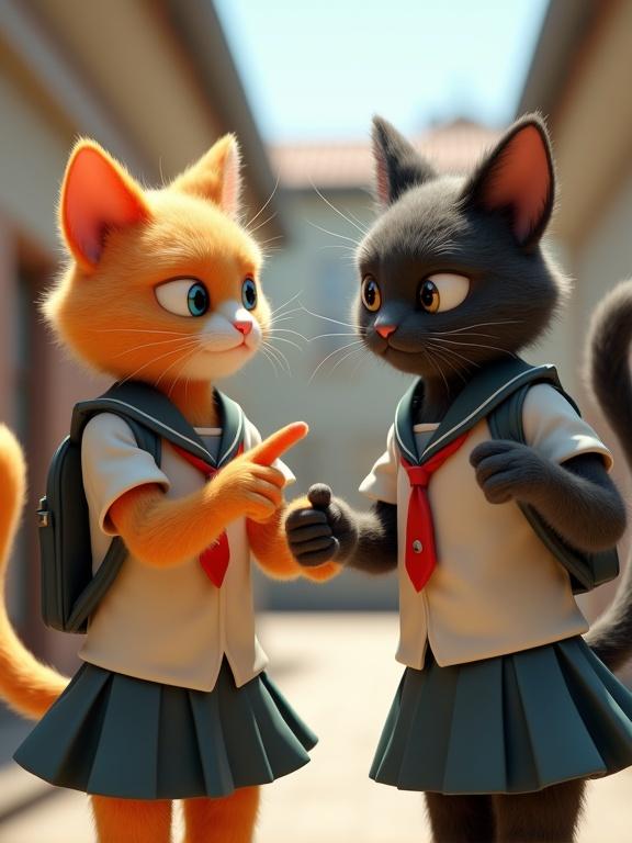 Dynamic scene with two humanoid cats. One is orange and white, the other is black. Both wear school uniforms. They are in a schoolyard. The orange cat is pointing and smirking at the sad black cat. Bright outdoor setting with detailed fur and cinematic lighting.