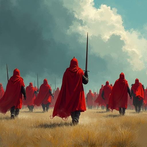 Digital painting shows a phalanx of warriors in red cloaks charging across a field. The lead soldier stands with sword raised in a crimson cloak. Background features a stormy cloud-filled sky. Brushstrokes are loose and expressive. Bright colors contrast with muted grass.