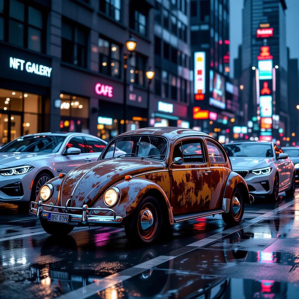 Ultra realistic street scene. Abandoned 1949 Volkswagen Beetle Type 1 parked curbside. Heavy rust with corrosion and exposed metal. Modern BMW iX cars in background. Reflections on rain-soaked asphalt. Downtown with skyscrapers and neon ads. Nighttime with cinematic lighting. Shallow depth of field and bokeh. Steam from a manhole cover. Hyperdetailed contrast of decay and modernity.