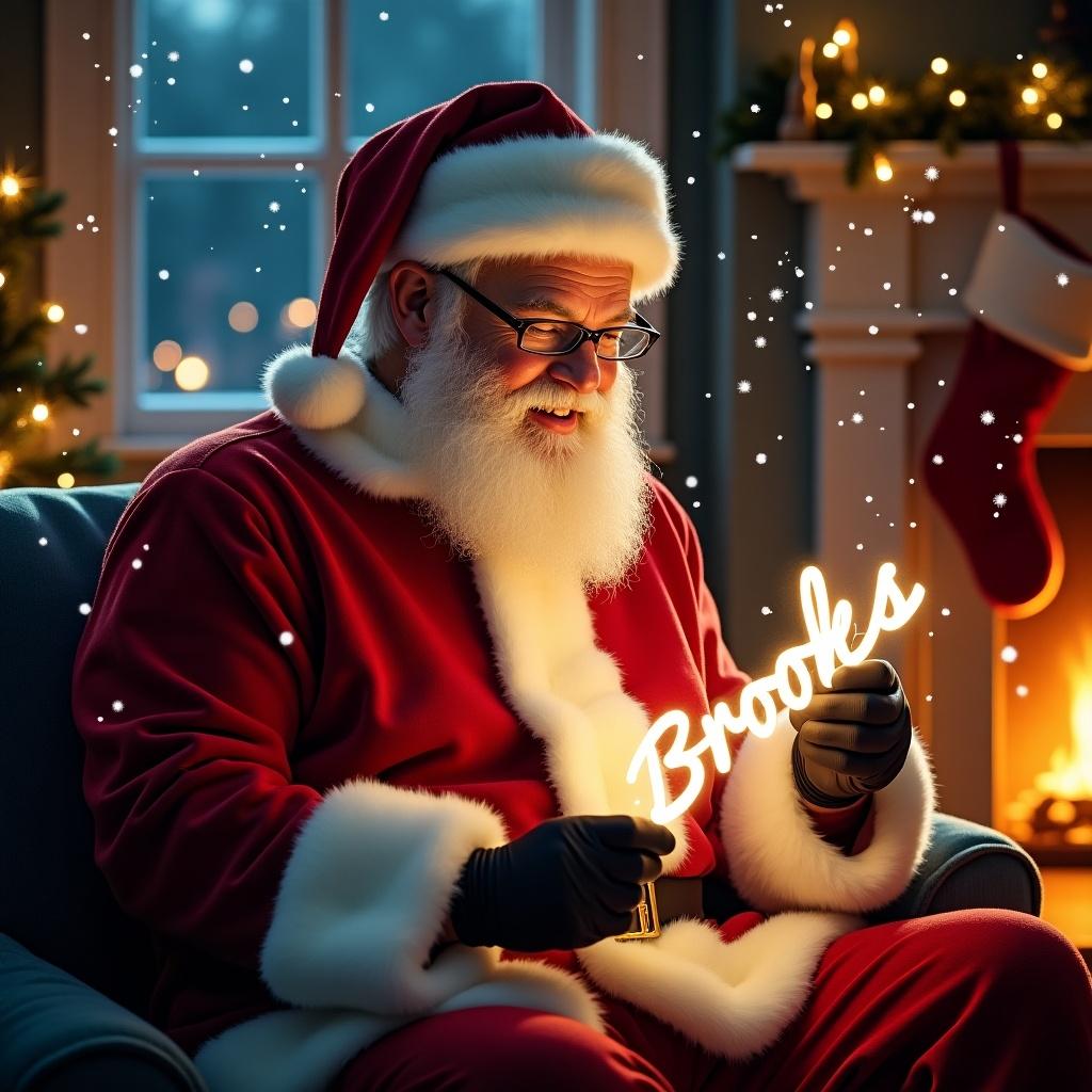 This image features a festive scene depicting Santa Claus sitting comfortably in a cozy chair. He is dressed in his classic red suit with white trim and glasses, looking at a glow stick. The glow stick illuminates the name 'Brooks' with a magical glow. Snowflakes gently fall around him, adding to the winter wonderland atmosphere. The background showcases a warm fireplace and Christmas decorations, enhancing the holiday spirit.