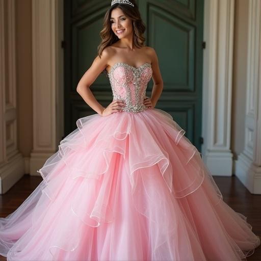 A beautiful pink quinceañera dress with a strapless design features a beaded bodice and layered tulle skirt. The dress appears voluminous and charming in a grand setting.