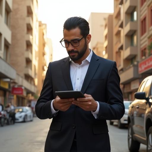 A well-dressed Egyptian man stands confidently on a bustling Cairo street. He holds a mobile tablet and glances at it with focus. Behind him, the urban backdrop features a mix of contemporary and traditional architecture. There are apartment buildings shops and a clinic with a visible sign. The scene is vibrant with warm sunlight reflecting off the buildings street activity can be seen.