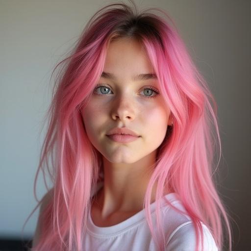 Portrait of a teenage girl with long pink hair and light skin. She looks serene and confident. Soft background emphasizes her features.