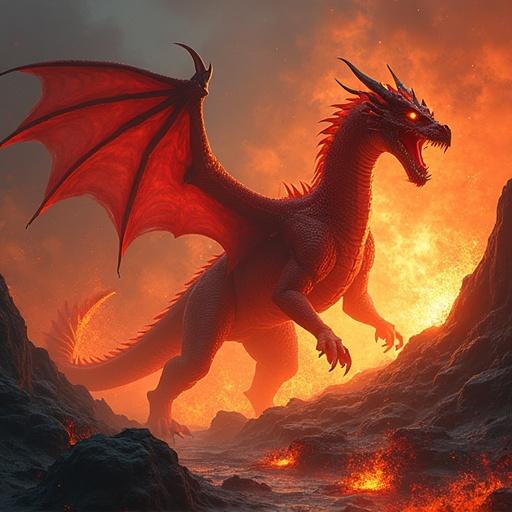 Highly detailed epic digital painting of a massive red fire dragon in a volcanic eruption scene. Dragon central focus muscular and scaled with glowing ember-like eyes sharp horns spiked tail. Wings spread wide shadows over molten lava roaring and unleashing flames.
