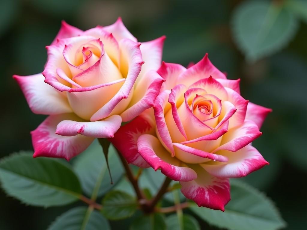 The image showcases two exquisite roses with pale yellow centers and vibrant pink edges, set against a lush green background. The composition highlights the delicate gradient of colors and the intricate details of the petals, emanating an aura of elegance and tranquility. The soft lighting enhances the roses' natural beauty, creating a serene and inviting atmosphere.