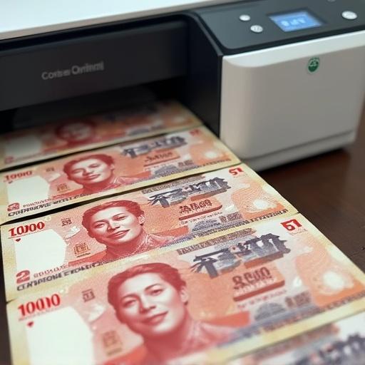 Miku uses a printer to print multiple 10000 Yen bills while appearing very happy, impulsively laughing and drooling.
