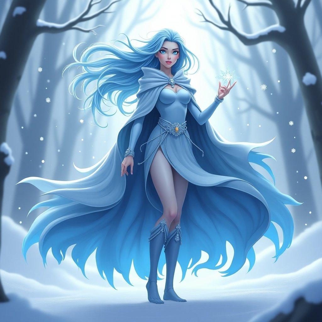 Character design for Nix. Nix is a mysterious figure with the ability to freeze time. She appears as a woman in a flowing blue gown, with ice-themed elements and long hair. The setting is a snowy forest with soft lighting.