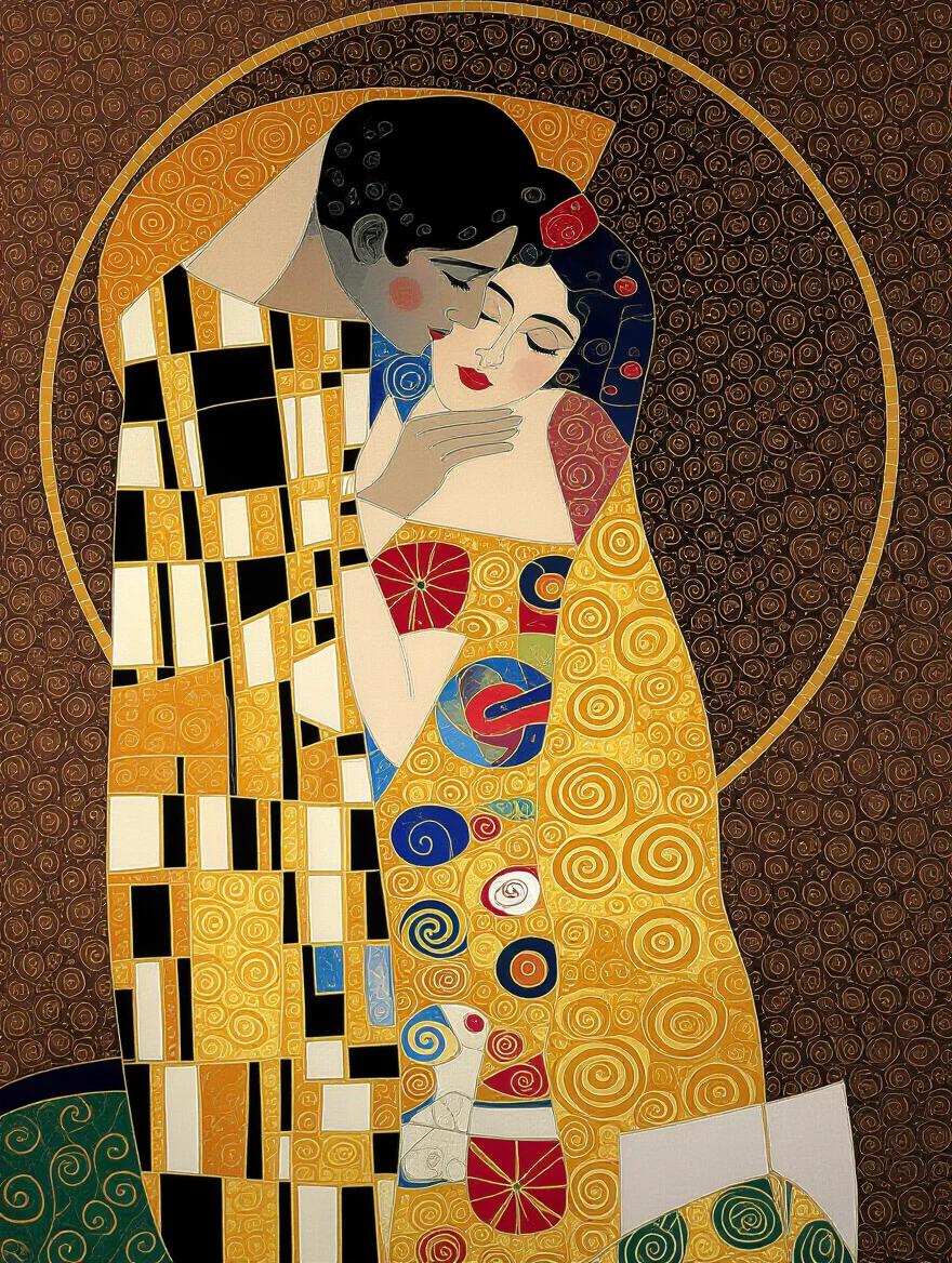 3D Klimt style art depicting a couple embracing in a serene and intimate manner. Mixed media elements and glamorous details are featured in the artwork.
