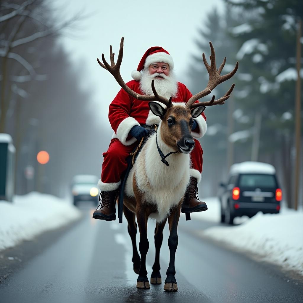 Santa Claus rides a reindeer on a snowy road. The scene captures a winter atmosphere with trees lining the path.