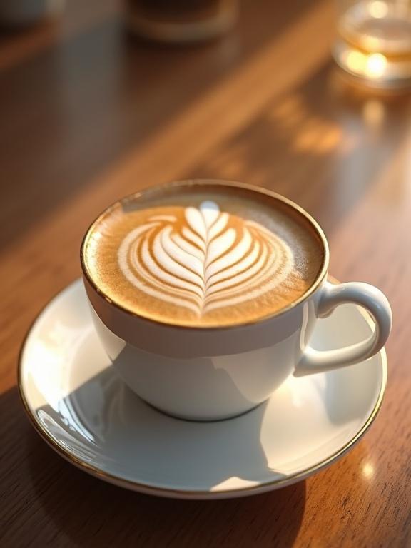 A luxurious white cup with a fine gold rim holds café con leche. Rich foam displays the text 'Good Morning'. The scene captures warm hues and soft light. A detailed, hyper-realistic view emphasizing coffee's elegance and ritual.