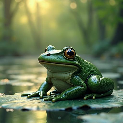 A close-up view of a green frog sitting on a lily pad in a serene pond. Soft sunlight filters through surrounding foliage creating a peaceful atmosphere.