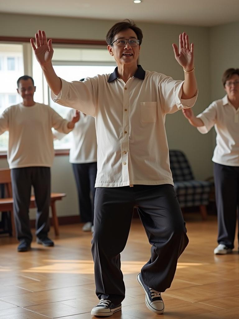 Tai chi lesson at Hampton Vale community center. Participants practice movements. Instructor guides the session. The room has natural light. Everyone wears comfortable attire.