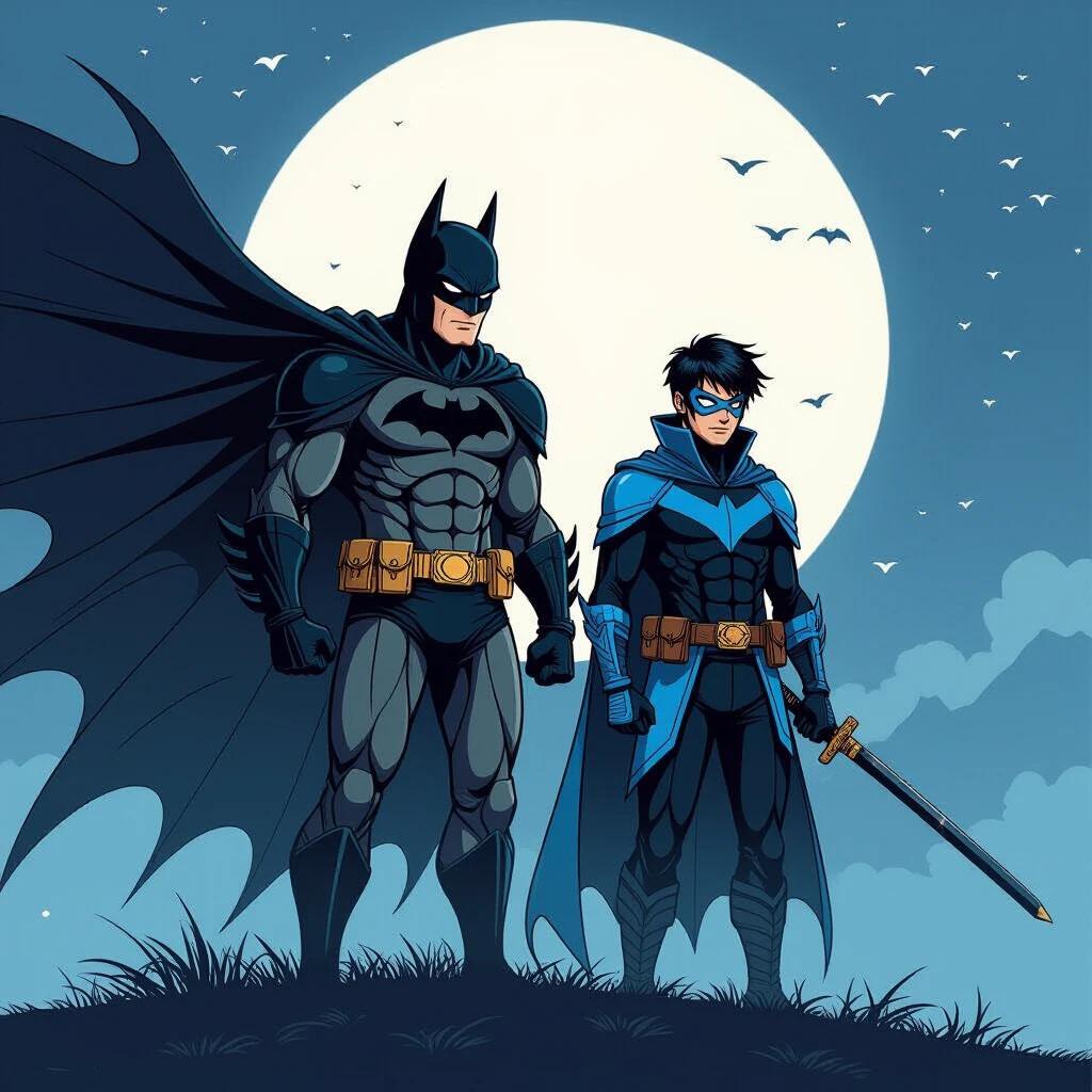 Batman and Nightwing depicted in a samurai art style. Figures stand confidently against a large moon. Batman wears a dark costume while Nightwing has a blue outfit. Both characters exhibit strong poses. Background features a cloudy night sky.