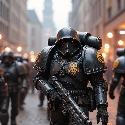 Space marines in battle gear pose in a city street. Background shows a blurred cityscape with historical architecture. Armored figures carry weapons and have a battle-ready demeanor.