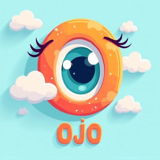 Colorful illustration with a light blue background and soft clouds. Center features a large uppercase O shaped like a cartoon eye. The word Ojo appears below. Cheerful and kid-friendly style with soft, vibrant colors and rounded corners.