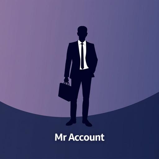 Minimalist logo design features silhouette of male accountant. Accountant wears business suit with a tie. Holds briefcase in one hand. Background gradient blends medium purple and navy blue. Brand name Mr Account in bold white sans-serif font below.