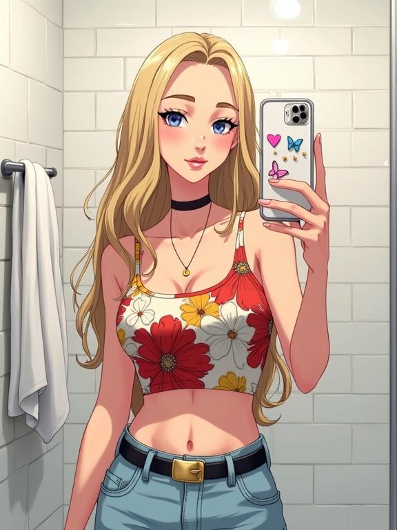 Anime illustration of a young woman taking a mirror selfie. She has blonde hair, wearing a floral crop top and denim jeans. The setting is a bright bathroom with white tiles.