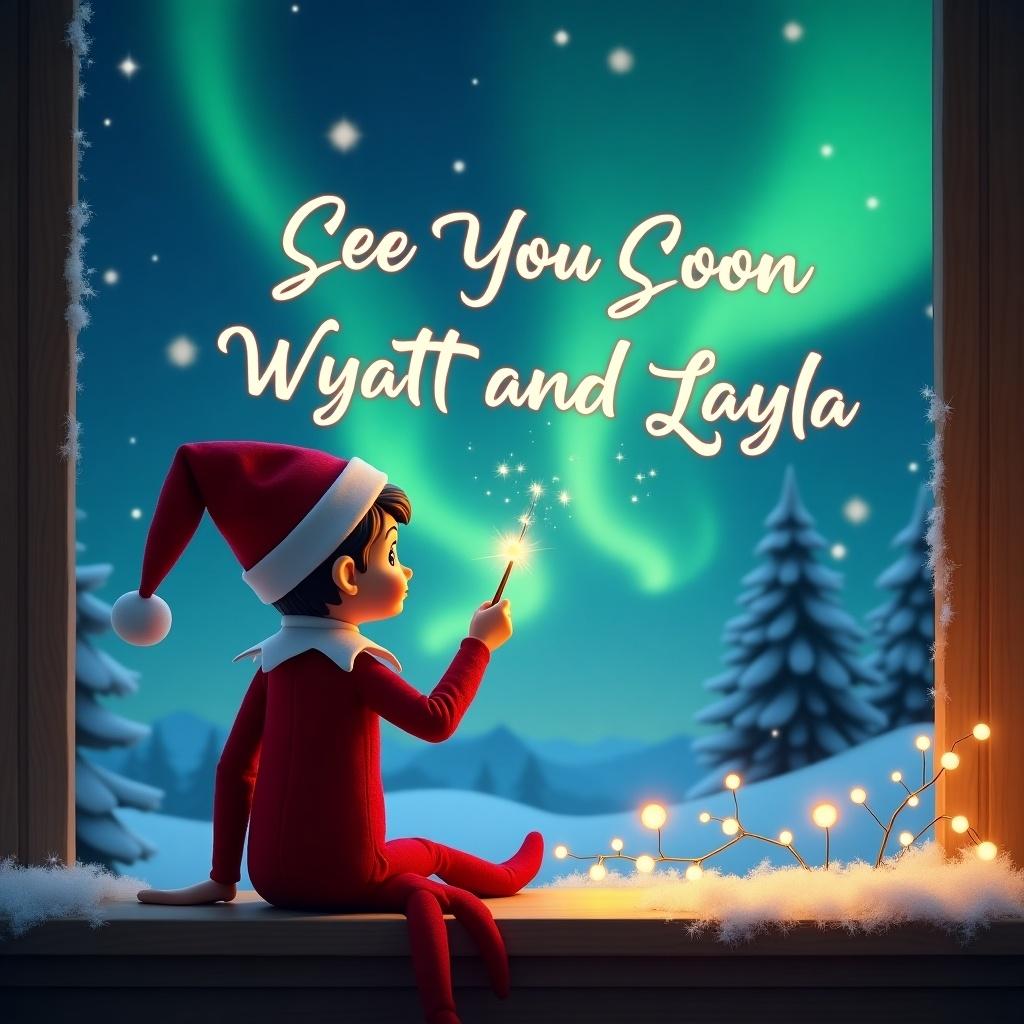 Elf facing the sky with a wand. Magical Christmas background with northern lights. Names Wyatt and Layla written in the sky. Characters and elements evoke a festive mood.