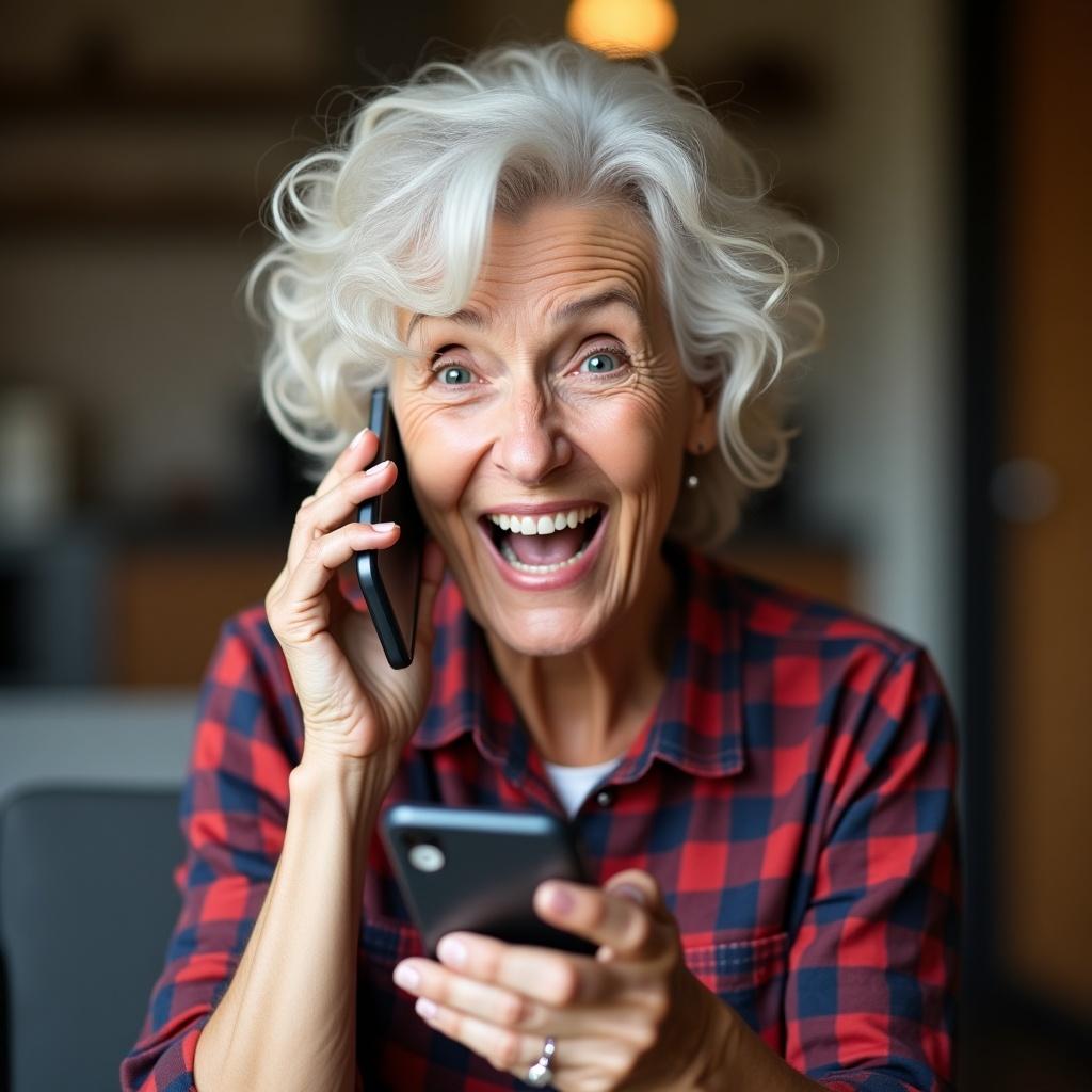 Elderly woman showing happiness and surprise while talking on mobile phone. She has curly white hair and colorful attire. Focus on emotions and connection.