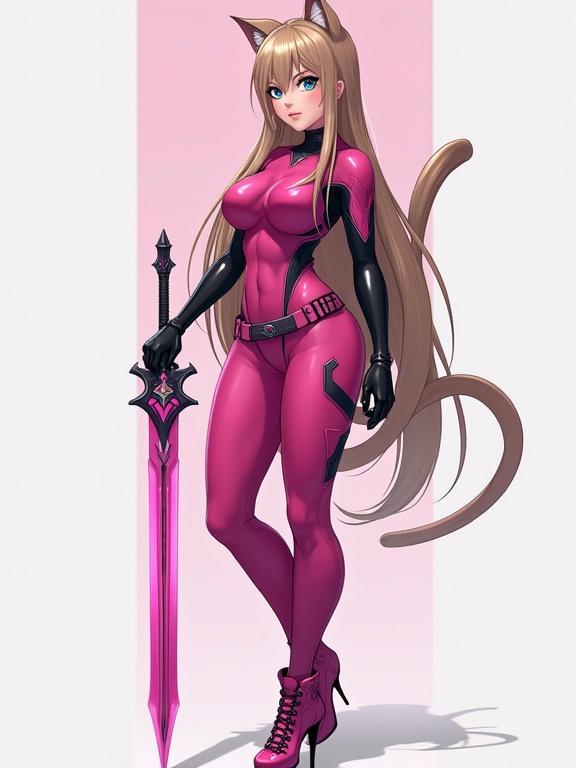 Mature woman with long light brown hair and cat features. Wearing a dark pink bodysuit and pink combat heels. Holding a pink sword in a sci-fi style. Full body render with no gloves and black sleeves.