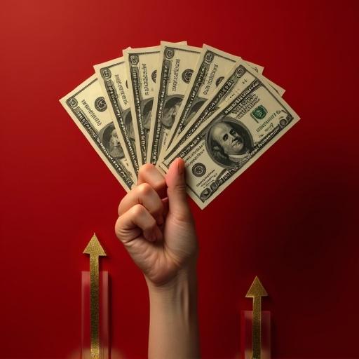 Hand holds dollar bills. Red background contrasts with gold arrows. Realistic style, detailed presentation. Simple composition.