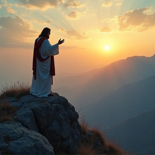 Silhouette of Jesus Christ standing on a mountain during sunset. The scene radiates peace and spirituality. The sky is filled with soft colors as the sun sets behind the mountains.
