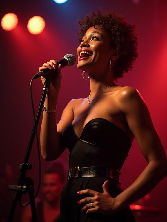 Stylish woman singing into a microphone at a bar in a live music setting. The scene features dramatic stage lighting with red and warm yellow hues. The aspect ratio is vertical.
