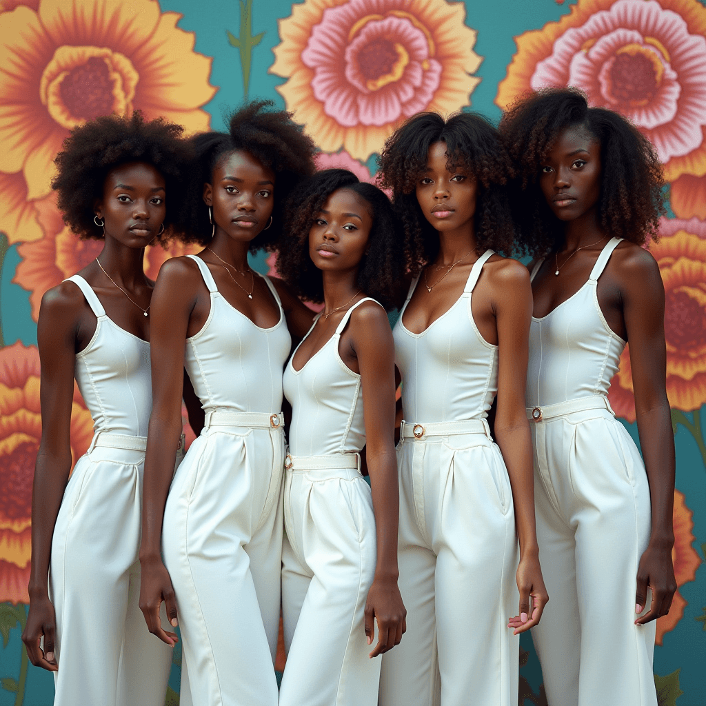 Five women in elegant white outfits pose in front of a vibrant floral backdrop.