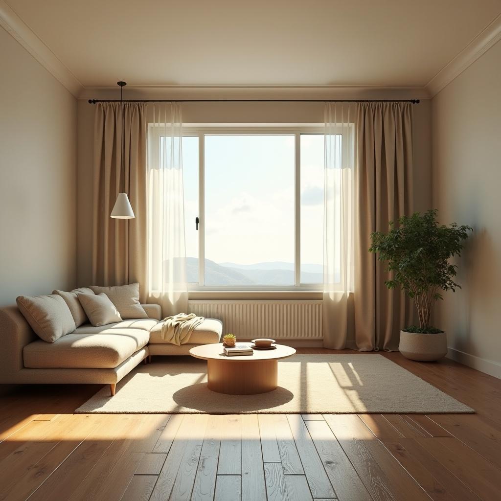 Spacious living room with large window. Sunlight streaming through window. Minimalist design elements. Warm and inviting atmosphere.