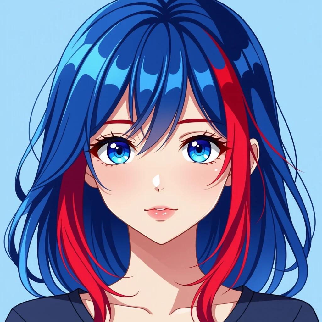 Anime style illustration of a girl with blue and red hair and light blue eyes. Character design focuses on vibrant hair colors. The character is shown from the shoulders up against a light blue background.