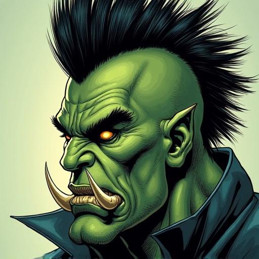 A detailed portrait of a male orc with green skin. Character has a mohawk hairstyle and sharp tusks. The orc features yellow eyes and a stern expression. Lighting is soft, creating smooth lines.