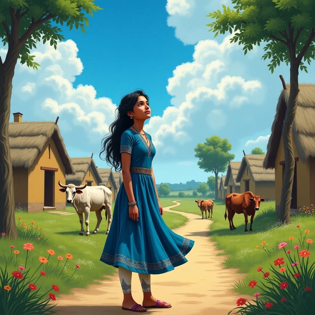 A charming girl stands in a rural village. She wears an elegant blue dress and white leggings. Background contains mud houses and grazing cows under a blue sky. The landscape features a dirt path and vibrant flowers. Deep rich colors evoke fantasy concept art style.