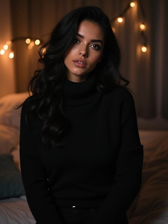Photo features young woman with bright skin and black wavy hair in black cozy jumper and pants. The woman poses seductively in black bedroom with bright lights and dreamy aesthetic.