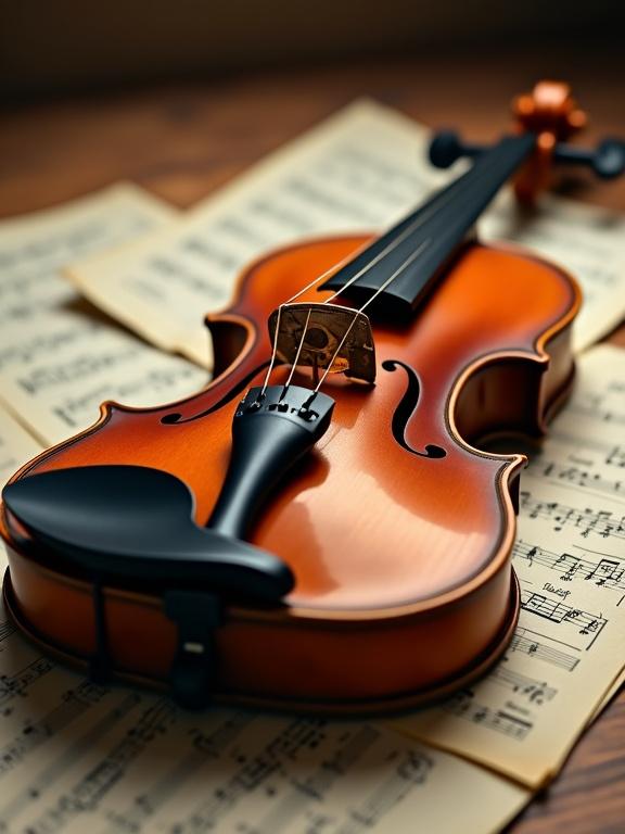 A close-up of a violin resting atop scattered sheet music. The violin displays a polished wood finish. The atmosphere is warm and inviting. Lighting accentuates the colors of the violin and sheets.