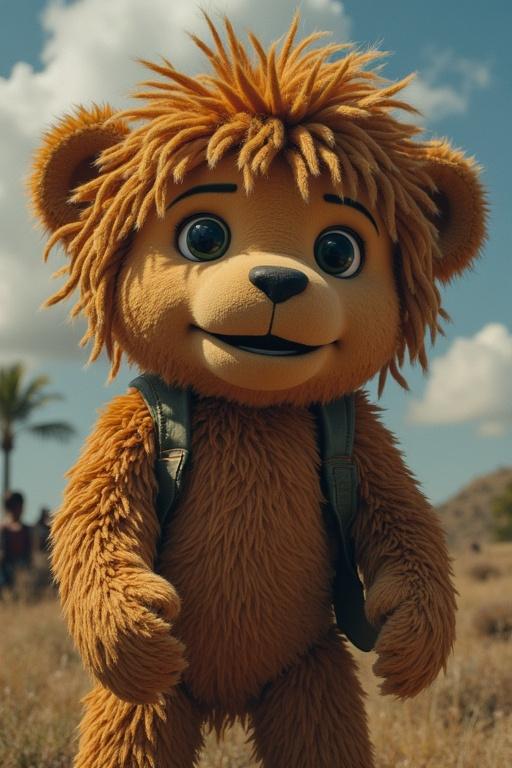 A friendly, cartoonish bear mascot with fluffy fur and a playful demeanor. The bear has big eyes and a cheerful smile, wearing a backpack. The setting is outdoors with palm trees in the background and a clear blue sky.