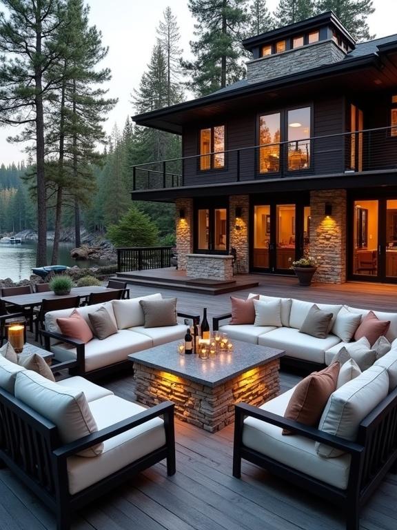 Modern cabin-style home by a lake at dusk. Outdoor lounge area with comfortable seating and a stone dining table. Surrounding trees and calm water create a serene atmosphere. Soft lighting enhances the inviting feel.